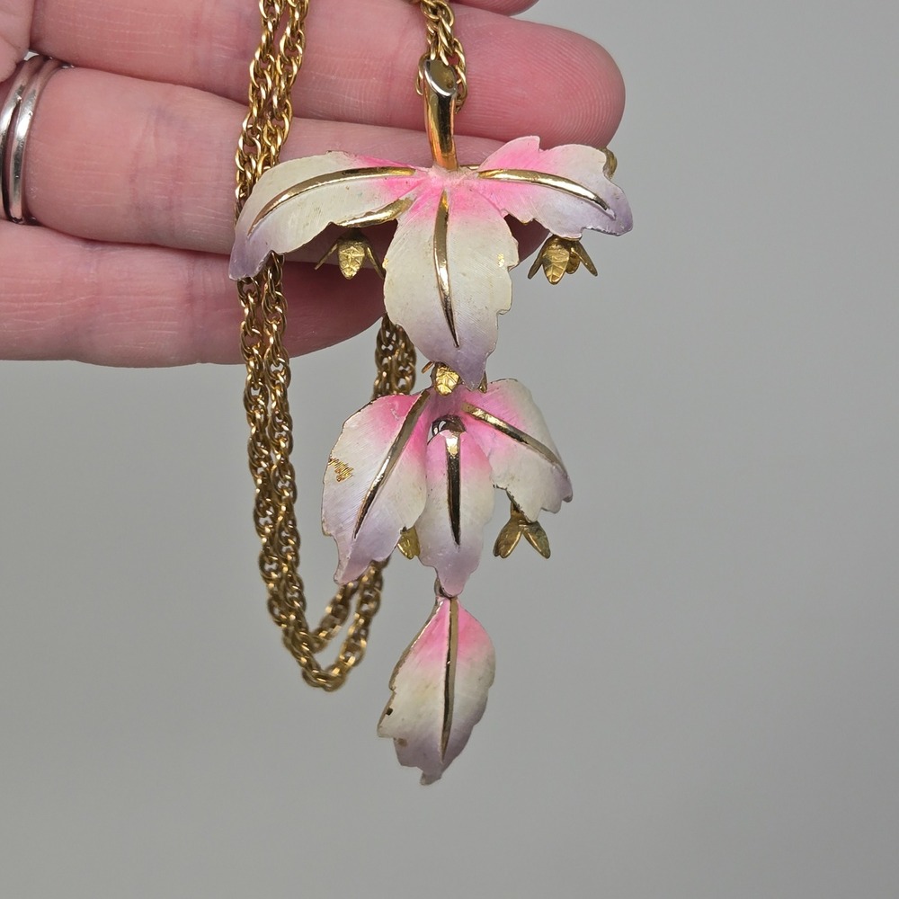 Vintage Park Lane Enamel Leaf Pendant Necklace Brooch Gold‎ Tone Pink White